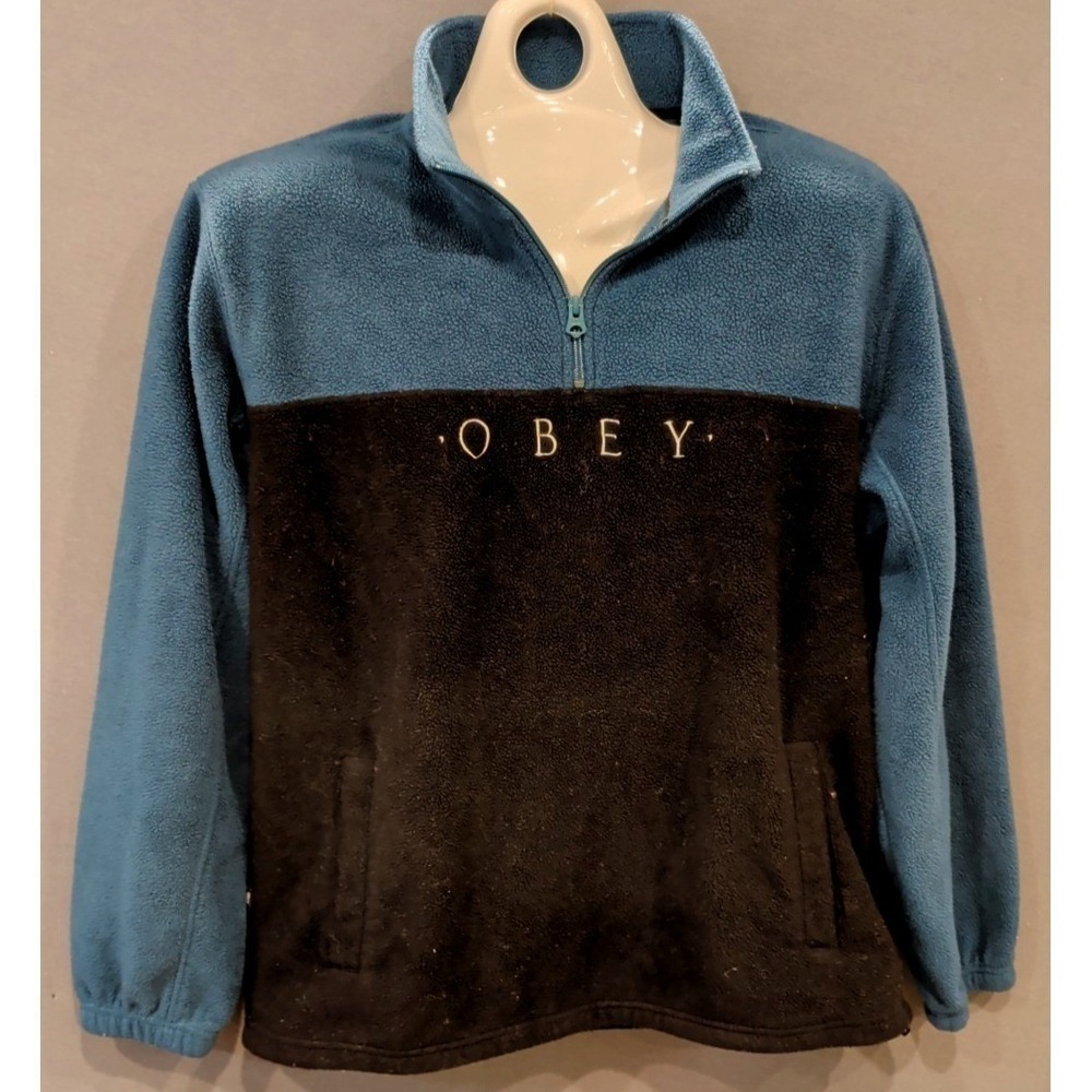 Obey Worldwide Fleece Pullover XL Blue Black Quarter Zip Logo Streetwear